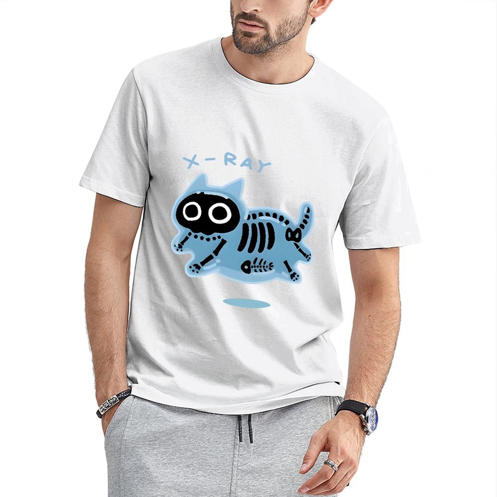 Inkmay Casual Cotton T-shirt Blue Cat Skeleton Print Design Art Unisex T-shirtSmooth Design-Your-Own T-Shirt