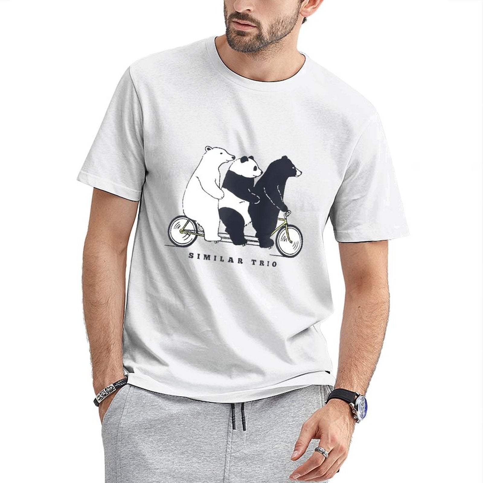 Inkmay Casual Cotton T-shirt Three Bears Riding A Bicycle Together Unisex T-shirtRecycled Midweight T-Shirt