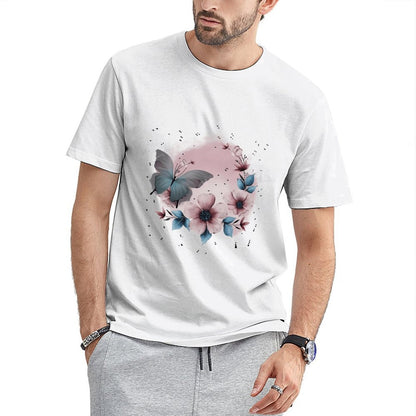Inkmay Casual Cotton T-shirt Floral Butterfly Design With Soft Colors Unisex T-shirtCotton Printing T-Shirt