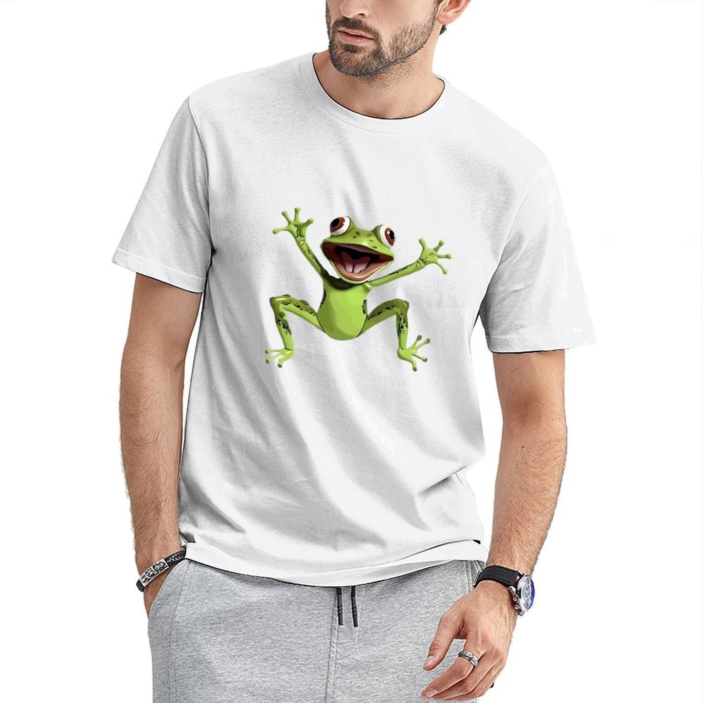 Inkmay Casual Cotton T-shirt Happy Green Frog With Big Eyes Unisex T-shirt