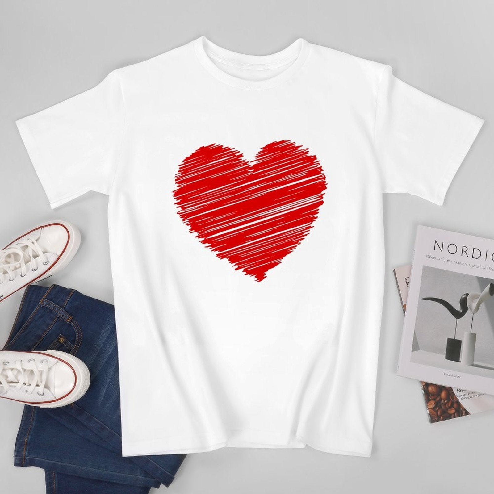 Inkmay Casual  Cotton T-shirt Solid Red Background With White Corner Unisex T-shirtWrinkle-Free Outdoor T-Shirt
