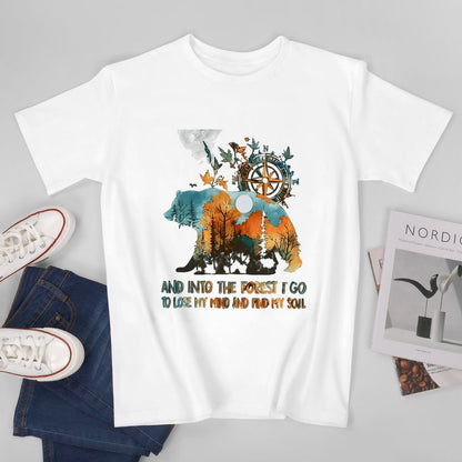 Inkmay Casual  Cotton T-shirt Bear Forest Compass Nature Artwork Design Unisex T-shirtTimelessStyle Long Lasting T-Shirt
