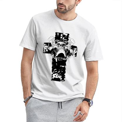 Inkmay Casual Cotton T-shirt Skull Crossbones Design With Floral Elements Unisex T-shirtMinimalist Urban T-Shirt