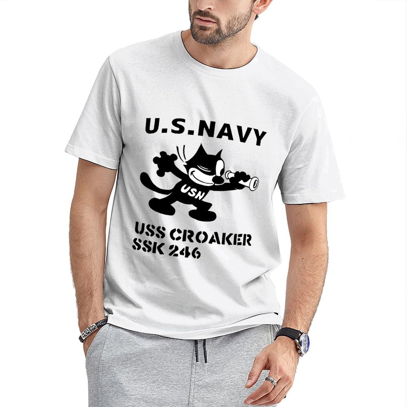 Inkmay Casual Cotton T-shirt Usn Silhouette With Trumpet And Anchor Unisex T-shirtClassic Printed T-Shirt