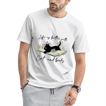 Inkmay Casual Cotton T-shirt Cat Reading Book Among Flowers Art Unisex T-shirtStandard Pure T-Shirt