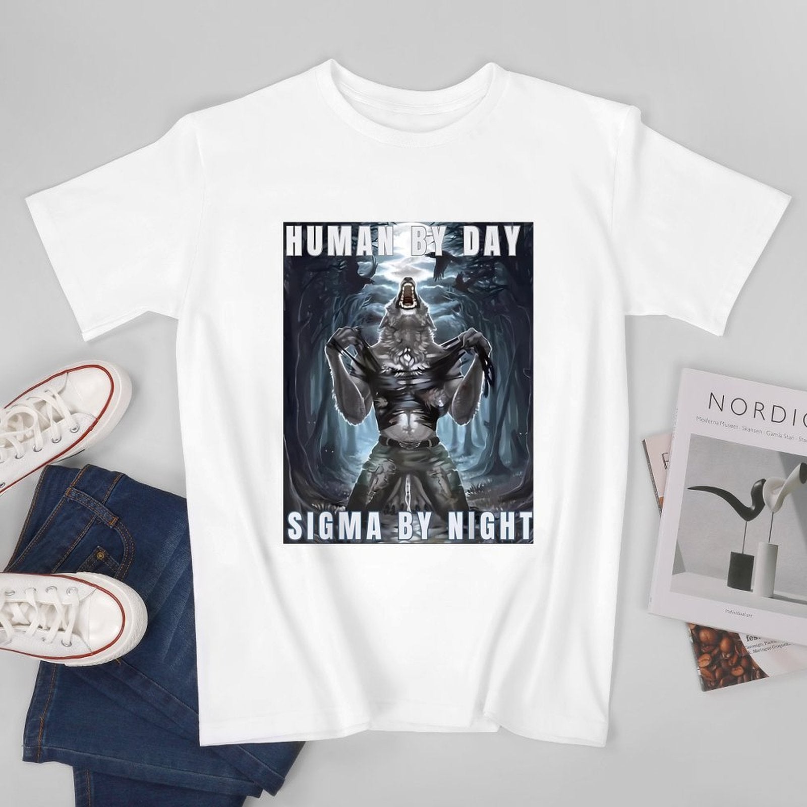 Inkmay Casual  Cotton T-shirt Werewolf Transformation Artwork Night Scene Fantasy Unisex T-shirtSoftWear Premium T-Shirt