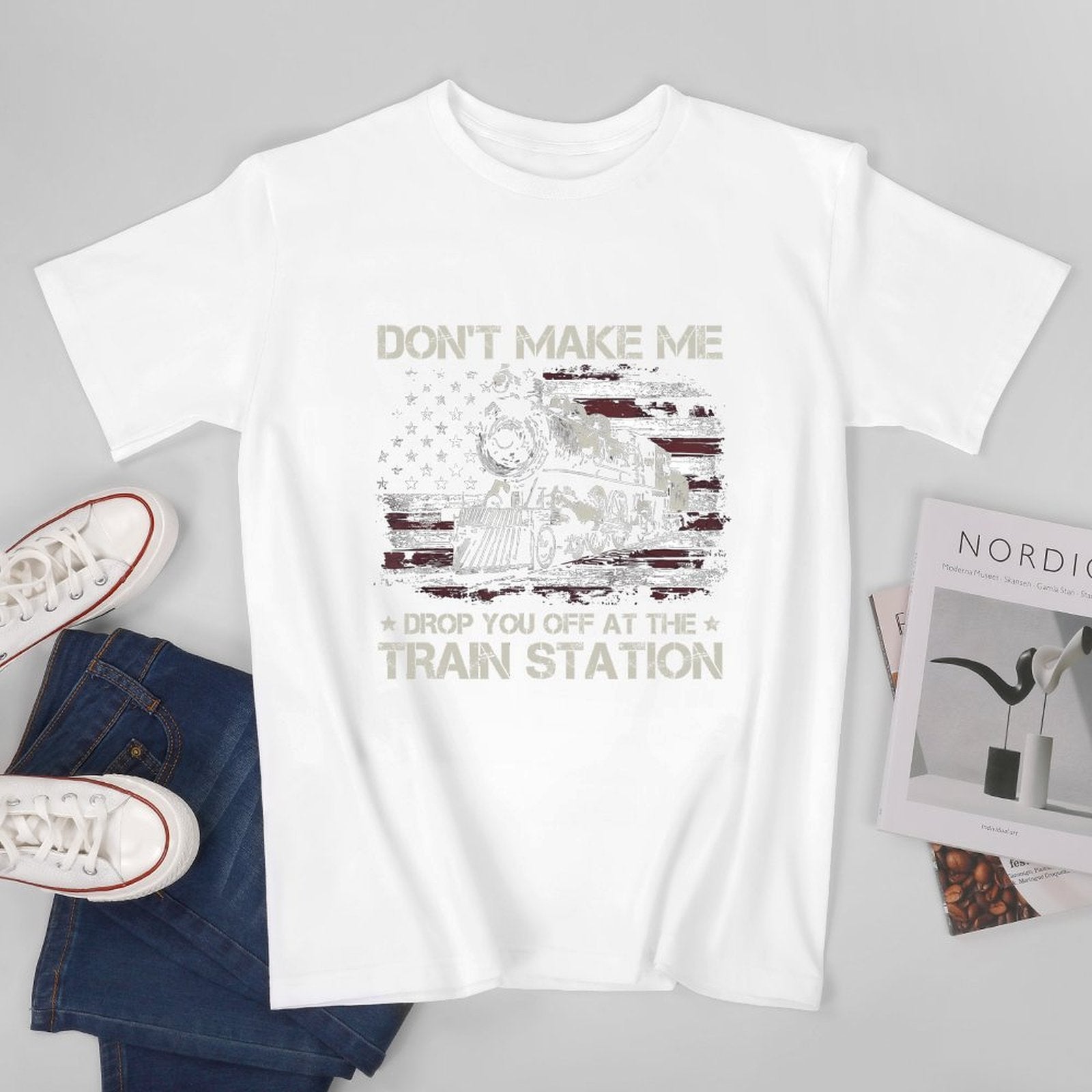Inkmay Casual  Cotton T-shirt American Flag With Train Graphic Design Unisex T-shirtMidweight Soft-Touch T-Shirt