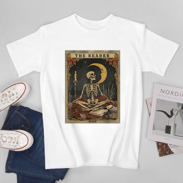Inkmay Casual  Cotton T-shirt The Reader Skeleton With Crescent Moon Unisex T-shirtSimpleFit RelaxFit T-Shirt
