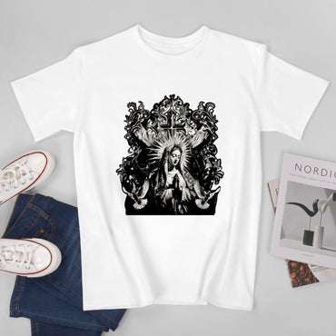 Inkmay Casual  Cotton T-shirt Virgin Mary With Radiant Halo Wings Unisex T-shirtOversized Premium Finish T-Shirt