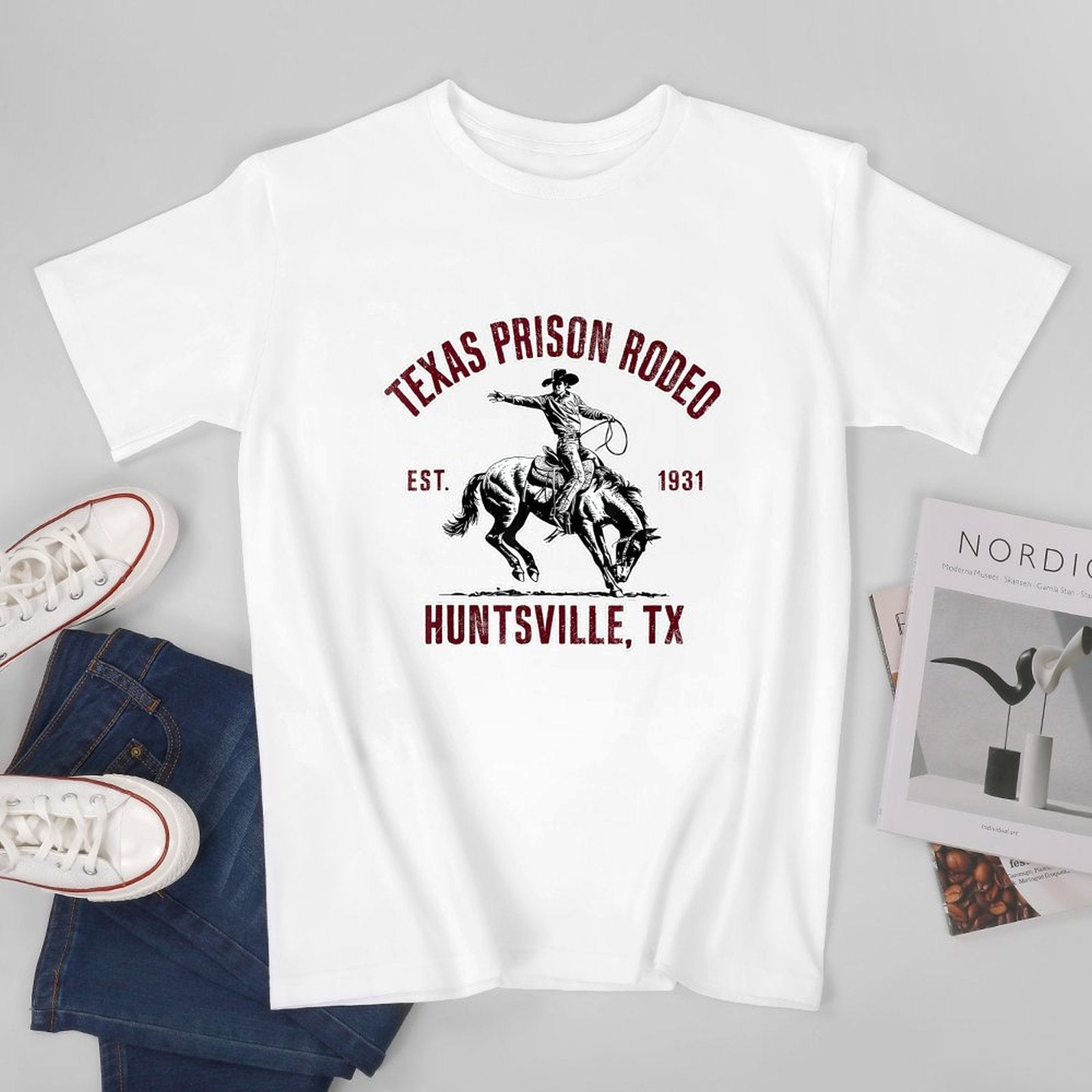 Inkmay Casual  Cotton T-shirt Texas Prison Rodeo Cowboy Riding Horse Unisex T-shirtNatural Pocket Tee T-Shirt