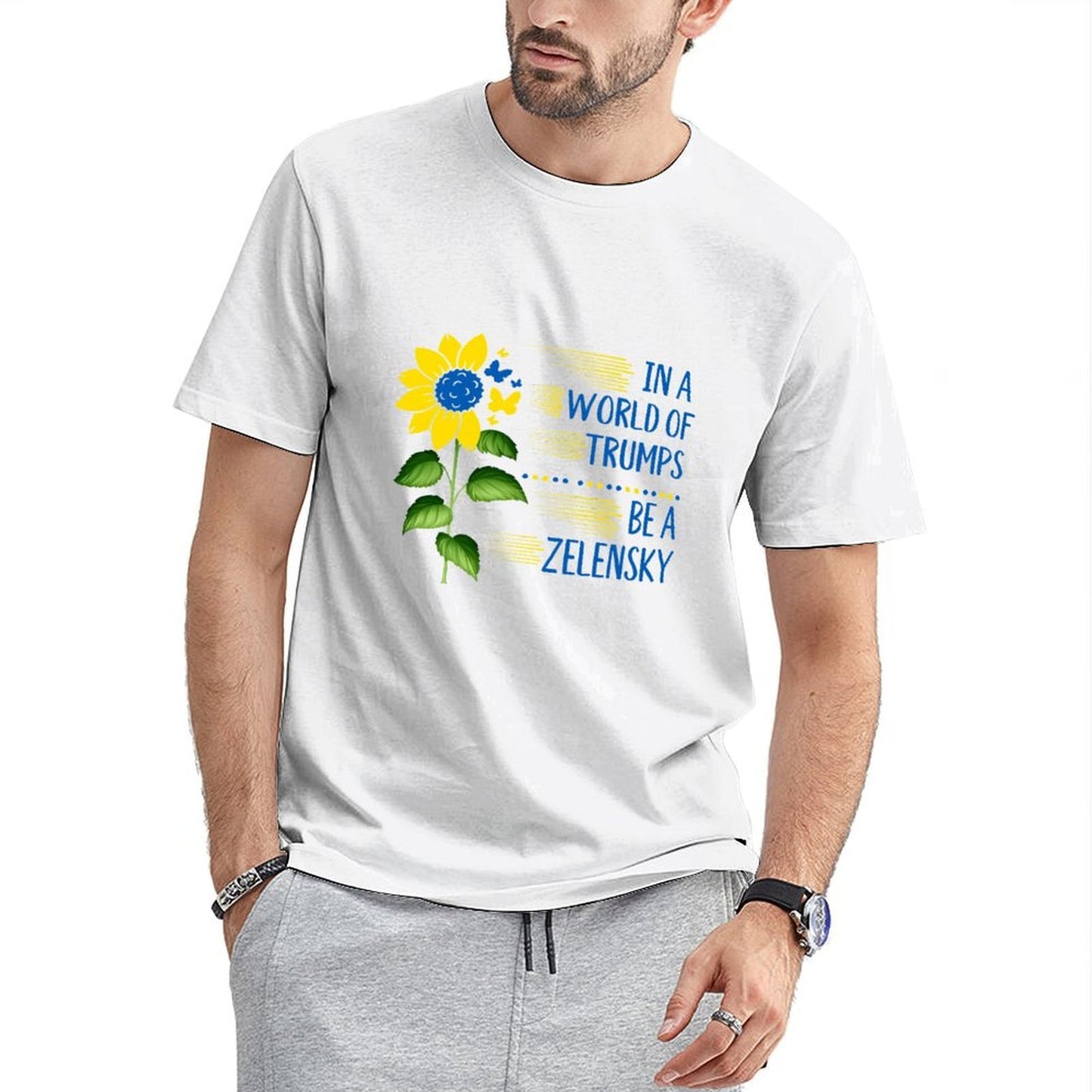 Inkmay Casual  Cotton T-shirt Yellow And Blue Abstract Plant Design Unisex T-shirtTrueComfort Solid T-Shirt