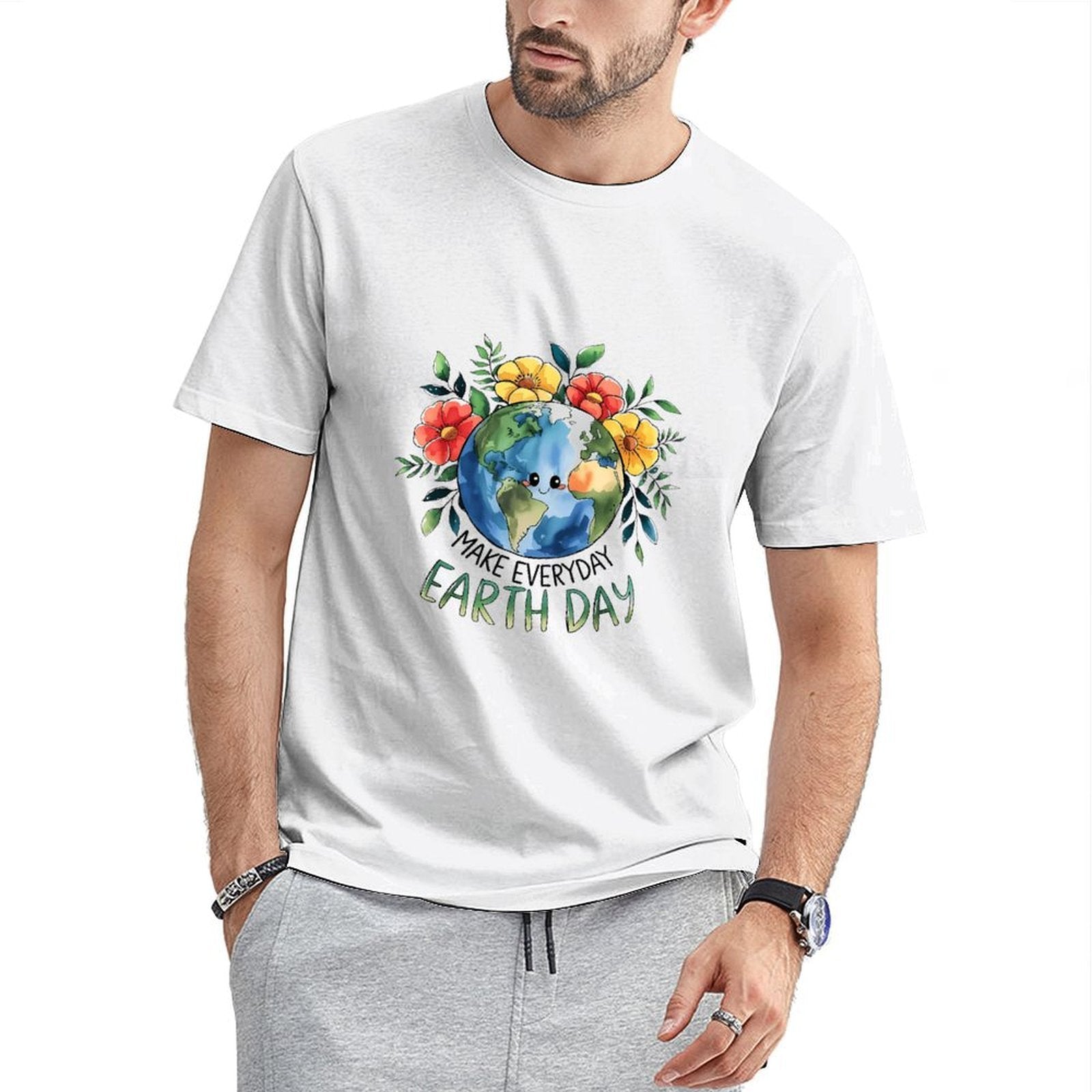 inkmay-casual-cotton-t-shirt-earth-day-floral-globe-design-artwork-unisex-t-shirt
