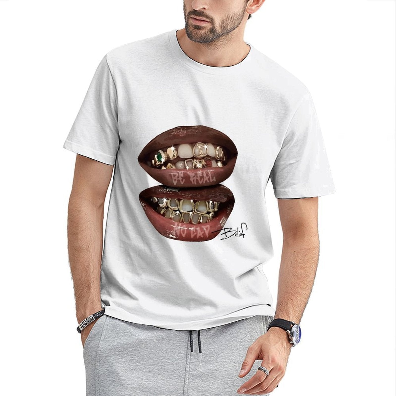 Inkmay Casual Cotton T-shirt Golden Teeth With Shiny Gems Embedded Unisex T-shirtLightweight Chill T-Shirt