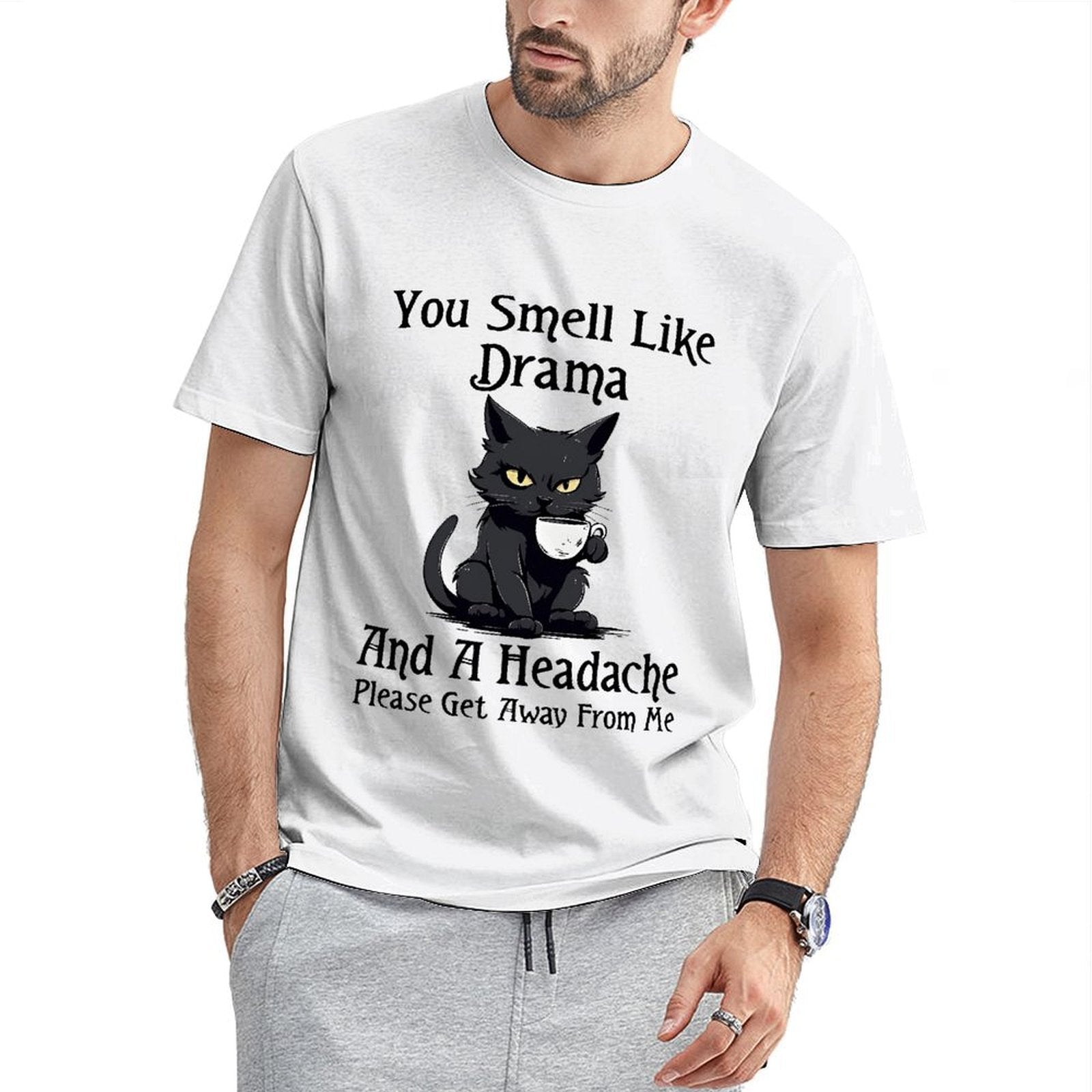 Inkmay Casual  Cotton T-shirt Black Cat Holding White Teacup Unisex T-shirtAllDay Sharp T-Shirt