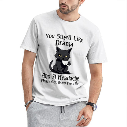 Inkmay Casual  Cotton T-shirt Black Cat Holding White Teacup Unisex T-shirtAllDay Sharp T-Shirt