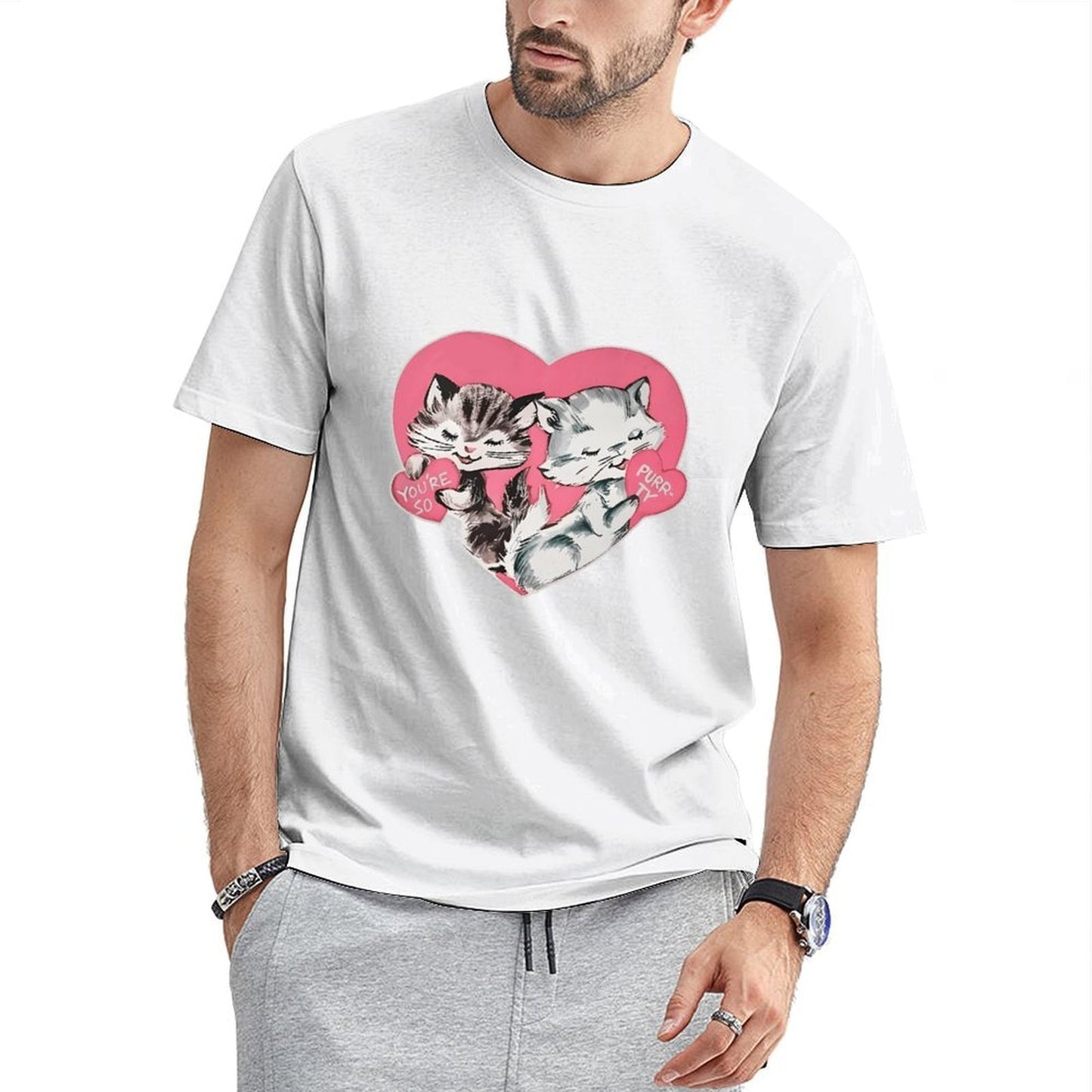 Inkmay Casual Cotton T-shirt Cute Cats Holding Hearts Pattern Prints Unisex T-shirtWeekend Lifestyle T-Shirt