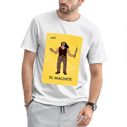 Inkmay Casual Cotton T-shirt Man Holding Machete In Yellow Background Unisex T-shirtUltra Durable Strong T-Shirt