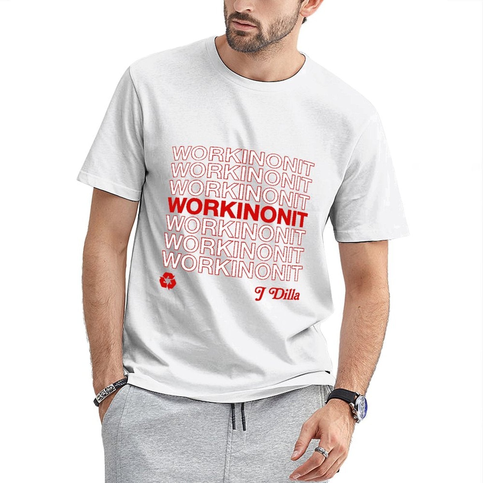 Inkmay Casual Cotton T-shirt Workinonit Pattern Printed On Red Unisex T-shirtRelaxed ClassicLine T-Shirt