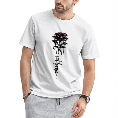 Inkmay Casual Cotton T-shirt Rose Pattern Print On Black Background Unisex T-shirtTimelessStyle ClassicFit T-Shirt