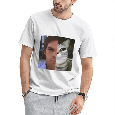 Inkmay Casual Cotton T-shirt Half Human Half Cat Face Split Unisex T-shirtAllDay Midweight T-Shirt