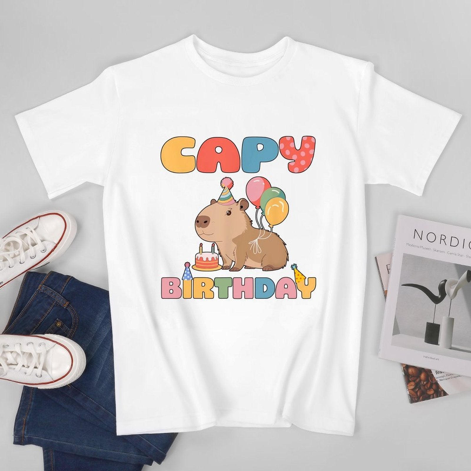 Inkmay Casual  Cotton T-shirt Capybara Birthday Party With Balloons Unisex T-shirtCrew Neck EasyWear T-Shirt