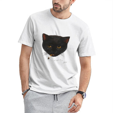 Inkmay Casual  Cotton T-shirt Black Cat Smoking Cigarette Art Print Unisex T-shirtRetro Daily T-Shirt