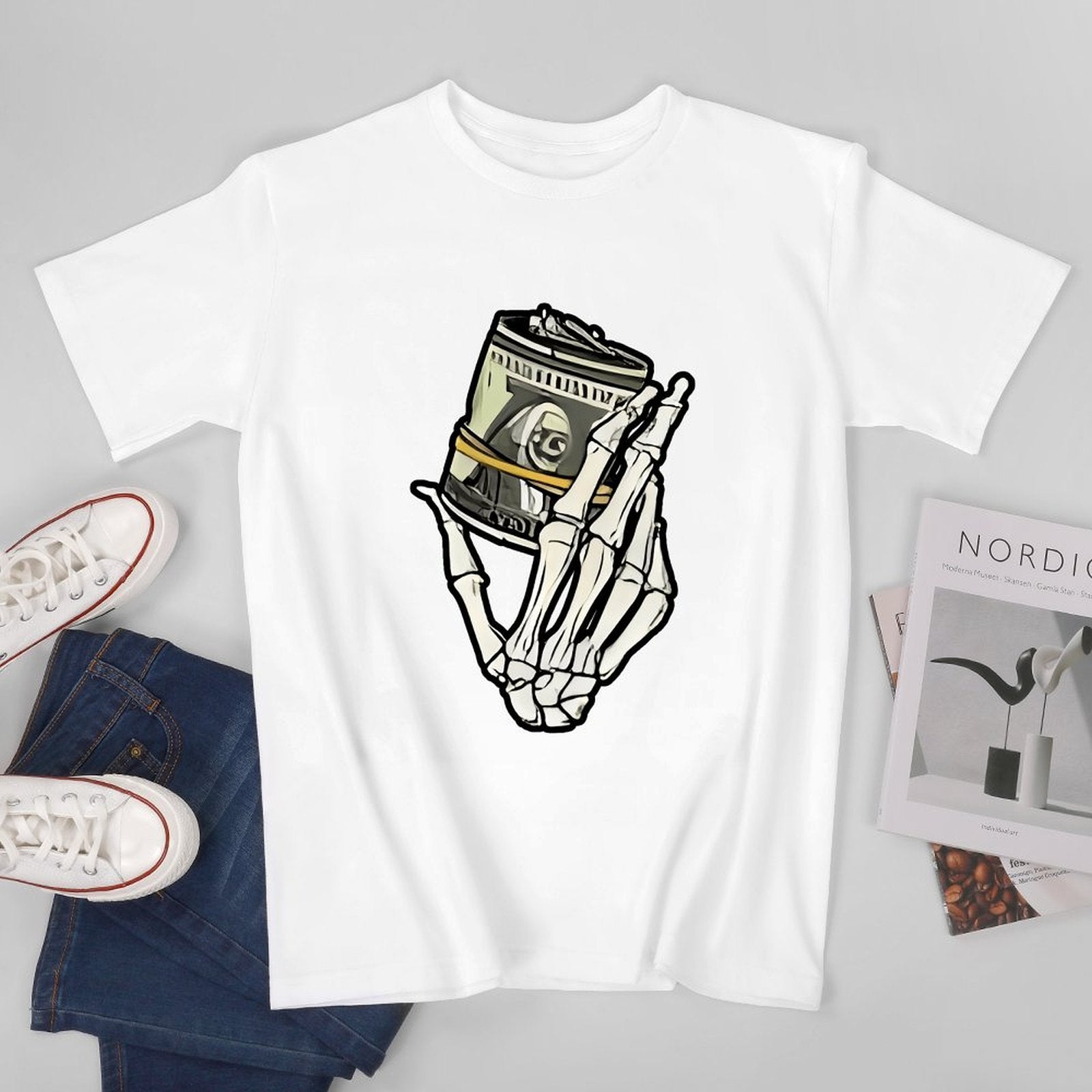 Inkmay Casual  Cotton T-shirt Skeleton Hand Holding Film Roll Art Unisex T-shirtChill Colorfast T-Shirt