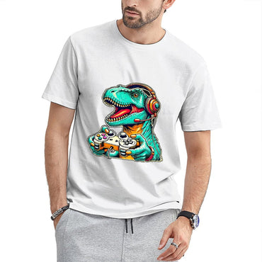 Inkmay Casual Cotton T-shirt Gaming Dinosaur With Headphones And Unisex T-shirtClassic Easy-Care T-Shirt