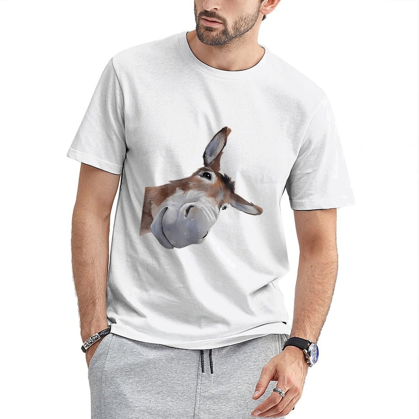 Inkmay Casual Cotton T-shirt Brown And White Donkey Head Print Unisex T-shirt