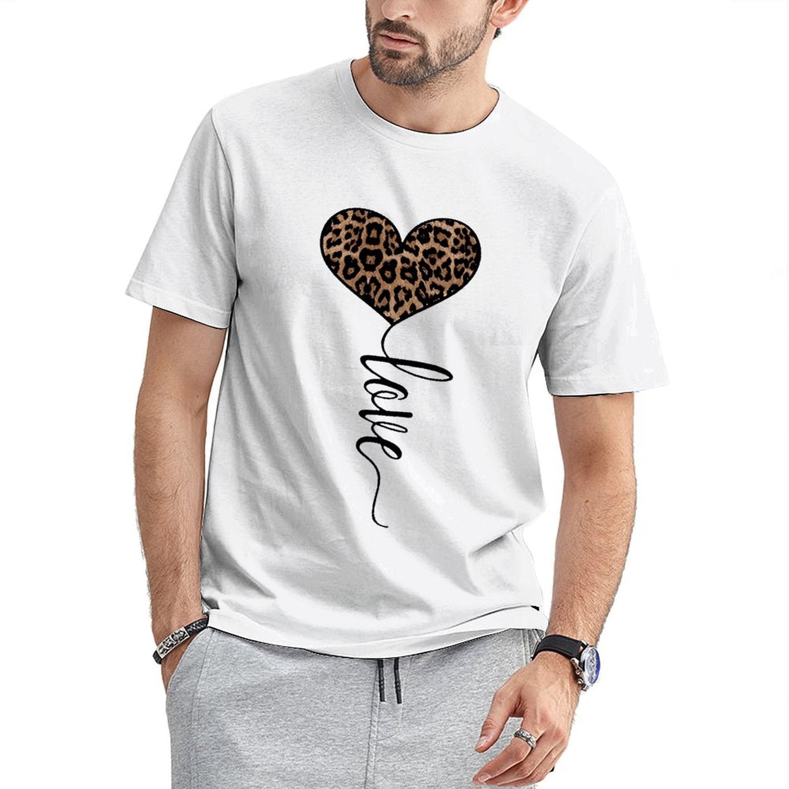 Inkmay Casual Cotton T-shirt Heart Shaped Leopard Print Love Design Unisex T-shirtSoft Double-Stitched T-Shirt