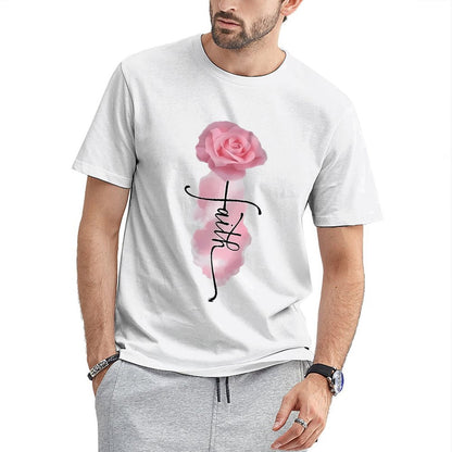 Inkmay Casual Cotton T-shirt Faith Rose Pattern Print Art Design Unisex T-shirtBasic Neat T-Shirt