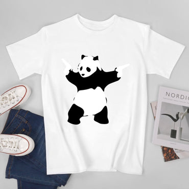 Inkmay Casual  Cotton T-shirt Panda Design On Black Background Unisex T-shirtClassic EverydayTee T-Shirt