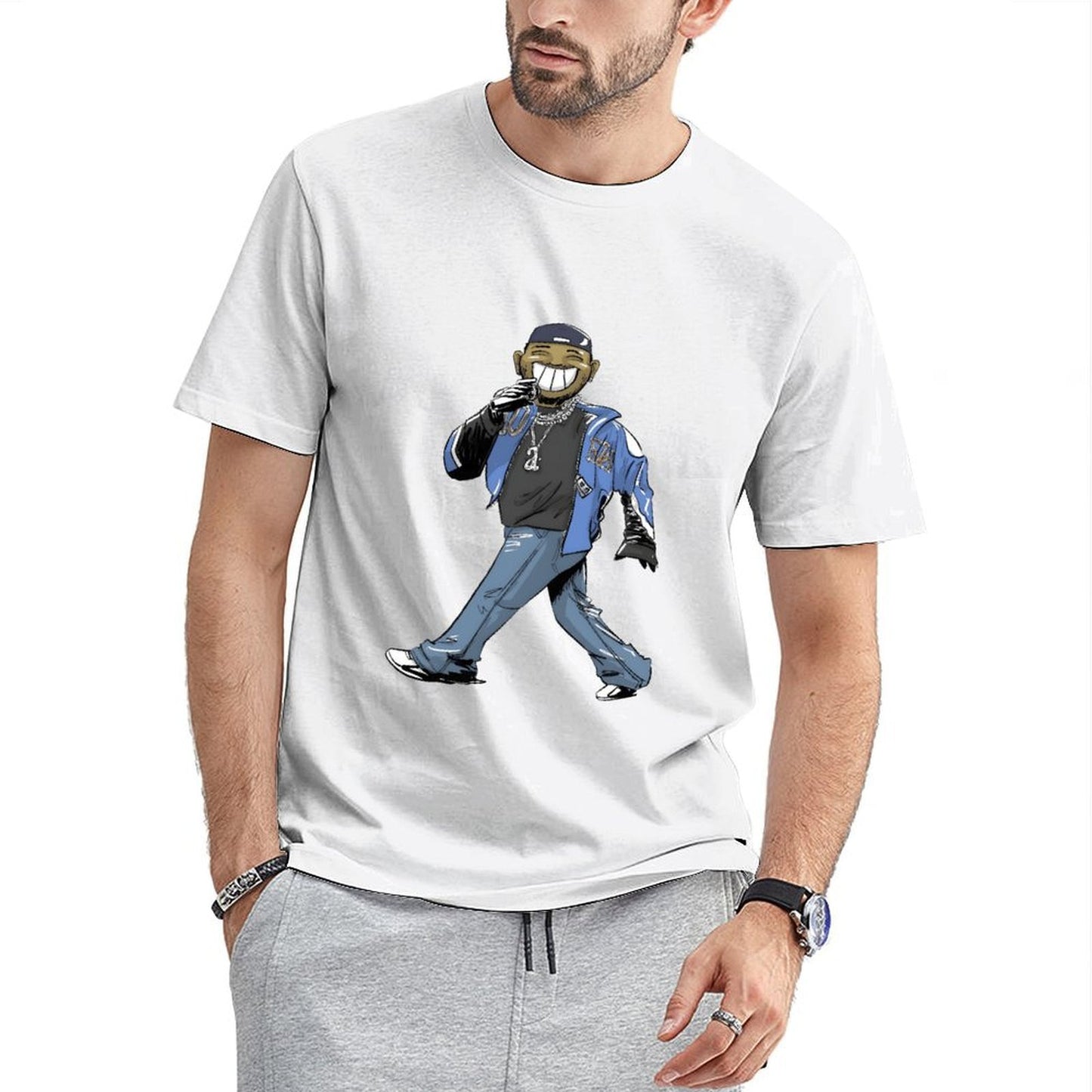 Inkmay Casual Cotton T-shirt Cartoon Character Wearing Blue Jacket Pants Unisex T-shirtBreathable TrueFit T-Shirt