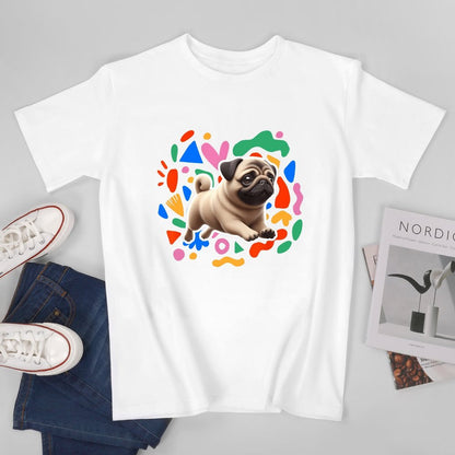 Inkmay Casual  Cotton T-shirt Colorful Geometric Shapes With Pug Dog Unisex T-shirtOversized Heritage T-Shirt