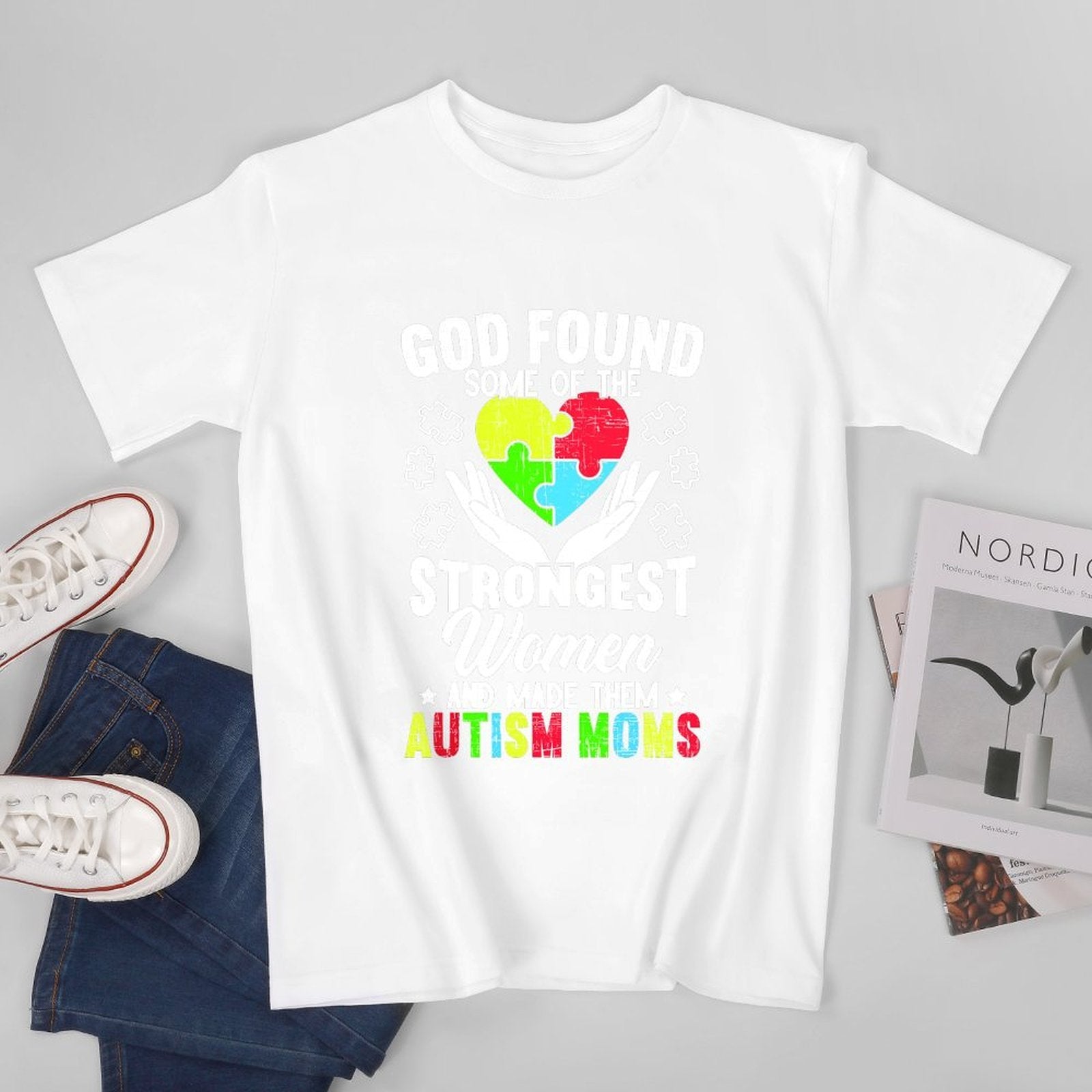 Inkmay Casual  Cotton T-shirt Colorful Puzzle Pieces Form Heart Shape Unisex T-shirtNeutral Batch-Printed T-Shirt