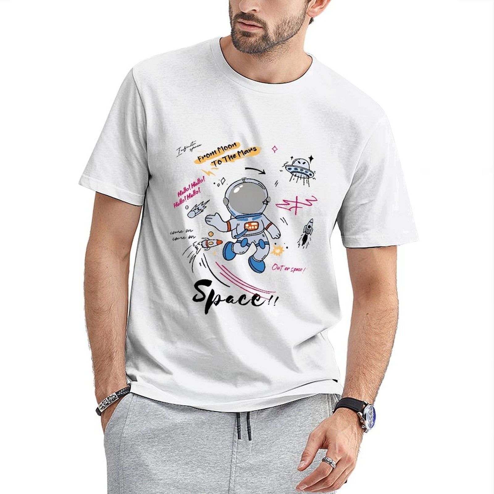 Inkmay Casual  Cotton T-shirt Space Adventure With Astronaut And Ufos Unisex T-shirtActive Print-Ready T-Shirt