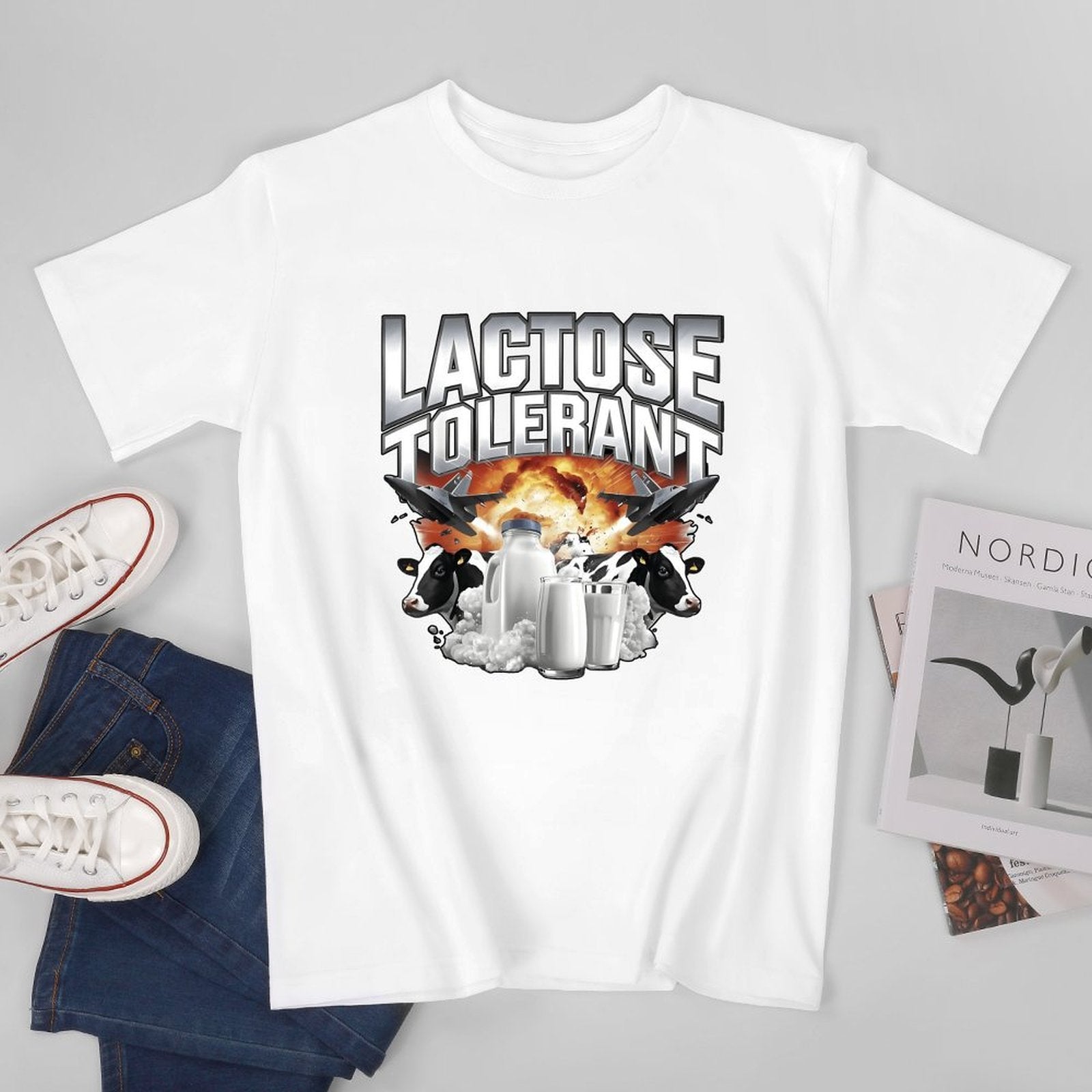 Inkmay Casual  Cotton T-shirt Lactose Tolerant Cows Milk Glass Unisex T-shirtOversized Smooth Feel T-Shirt