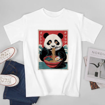 Inkmay Casual  Cotton T-shirt Panda Eating Noodles With Chopsticks Art Unisex T-shirt