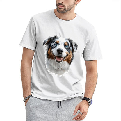 Inkmay Casual  Cotton T-shirt Colorful Dog Portrait With Blue Eyes Unisex T-shirtClassic Fit 100% Cotton T-Shirt