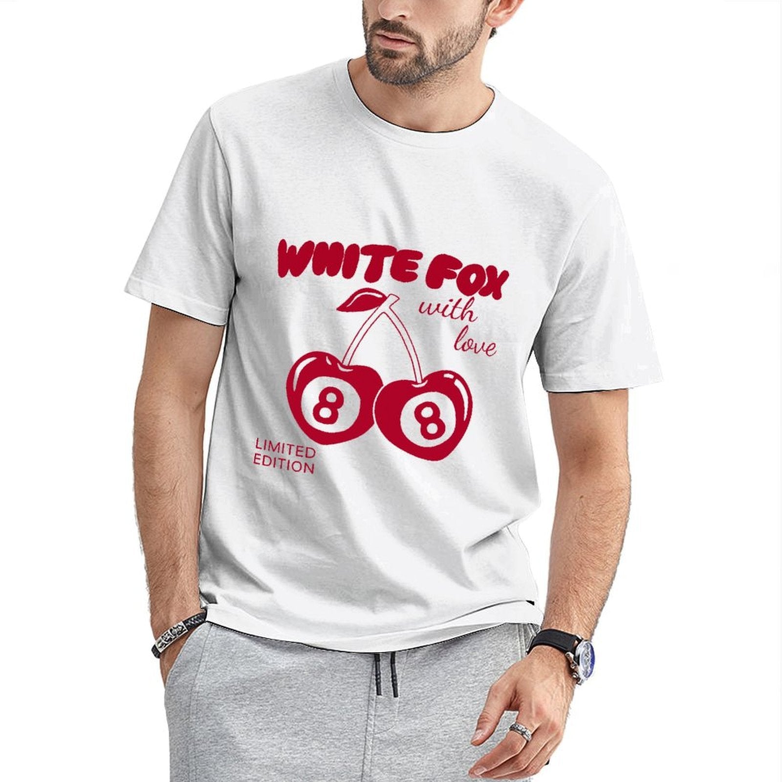 Inkmay Casual Cotton T-shirt Cherry Pattern Prints In Red Color Unisex T-shirtSeamless Daily T-Shirt