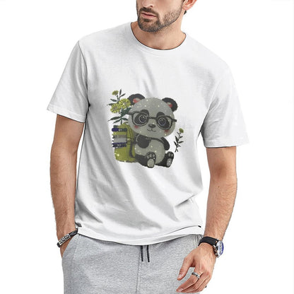 Inkmay Casual  Cotton T-shirt Adorable Panda With Glasses And Books Unisex T-shirt