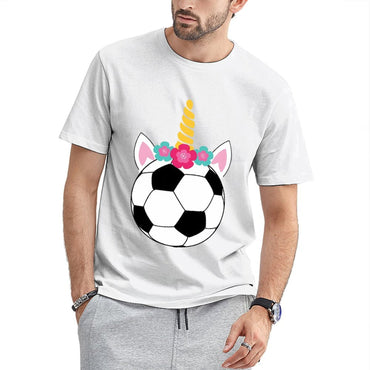 Inkmay Casual  Cotton T-shirt Soccer Ball With Unicorn Horn Flowers Unisex T-shirtDaily LooseFit T-Shirt