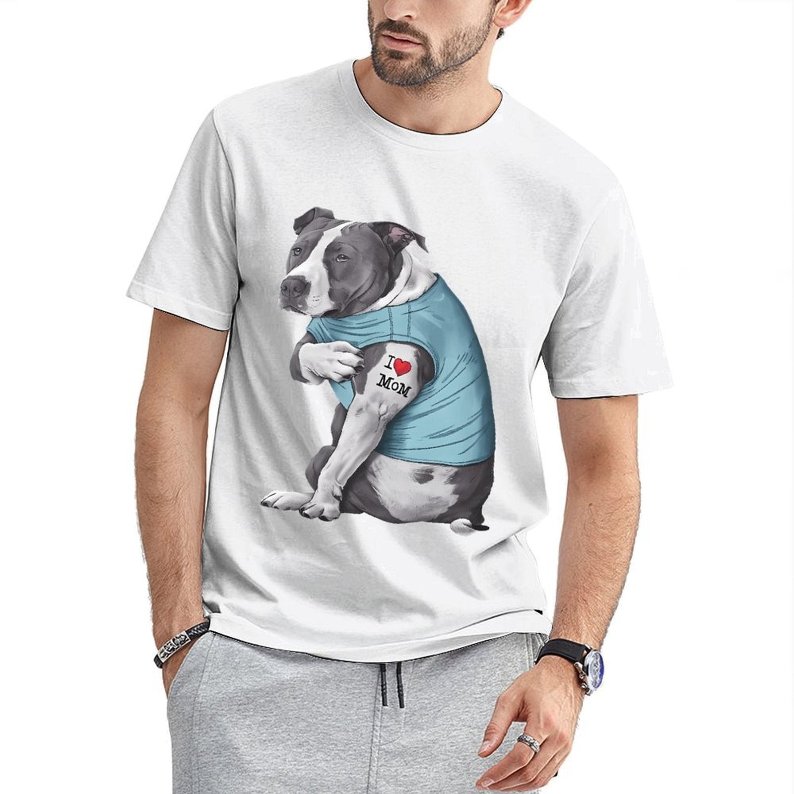Inkmay Casual  Cotton T-shirt Dog Wears Blue Shirt Tattoo Mom Unisex T-shirtEveryday ClassicStyle T-Shirt