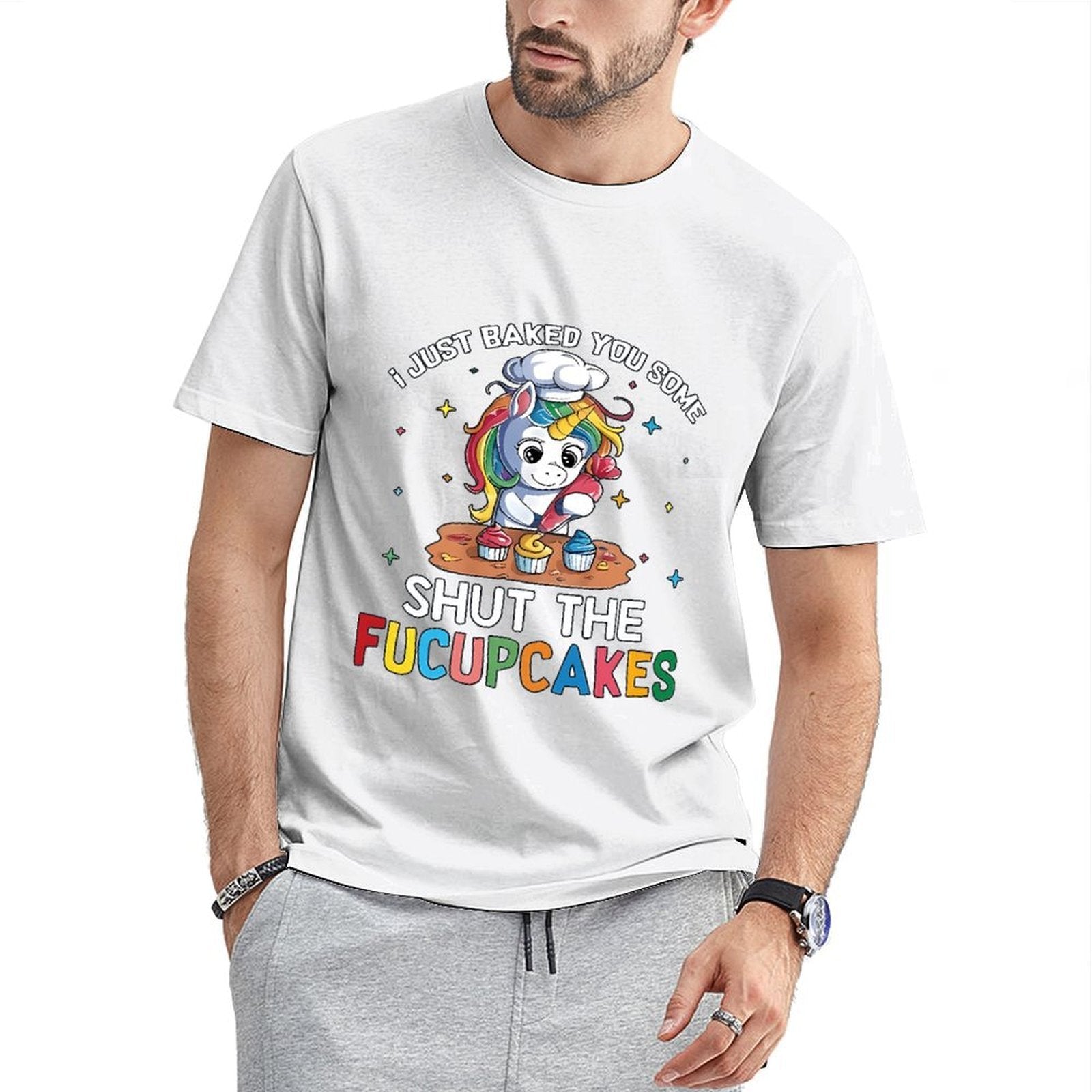 Inkmay Casual Cotton T-shirt Cute Unicorn Baking Cupcakes On Table Unisex T-shirtLong Lasting Performance T-Shirt