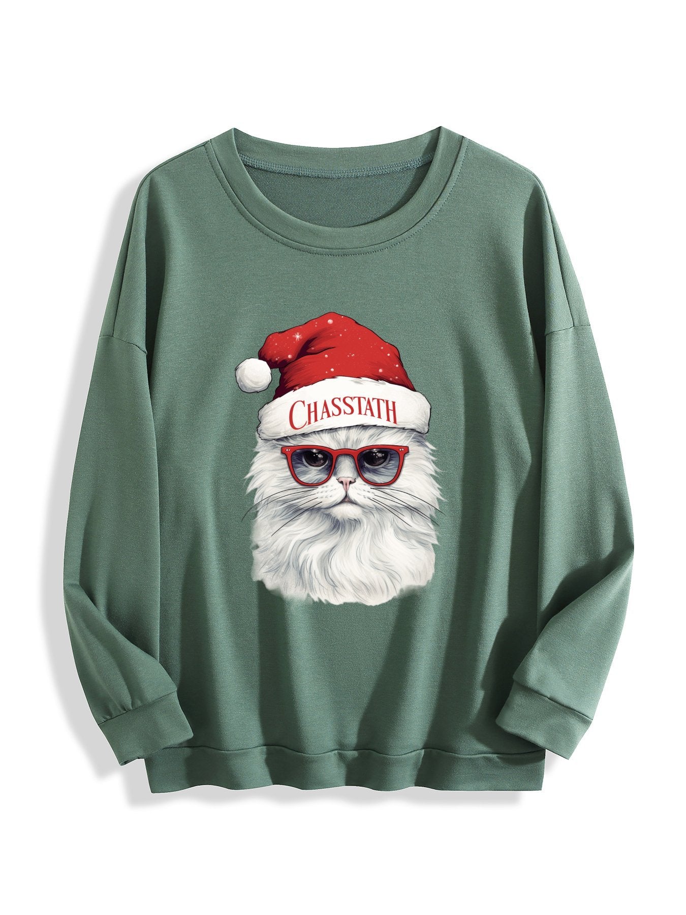 Customizable Christmas-themed long-sleeved shirt, paired with cat-themed glasses.