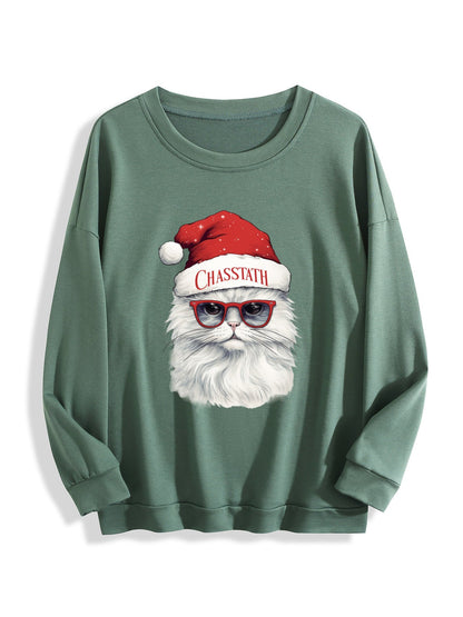 Customizable Christmas-themed long-sleeved shirt, paired with cat-themed glasses.