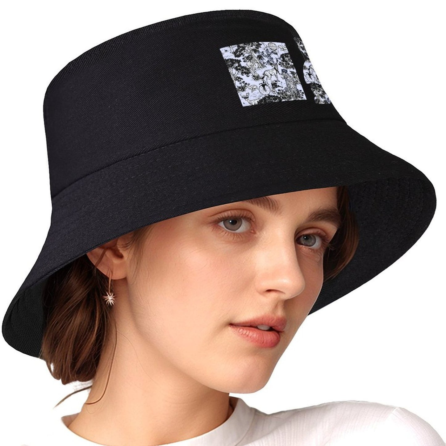 Black Bucket Hat with Abstract Pattern Print
