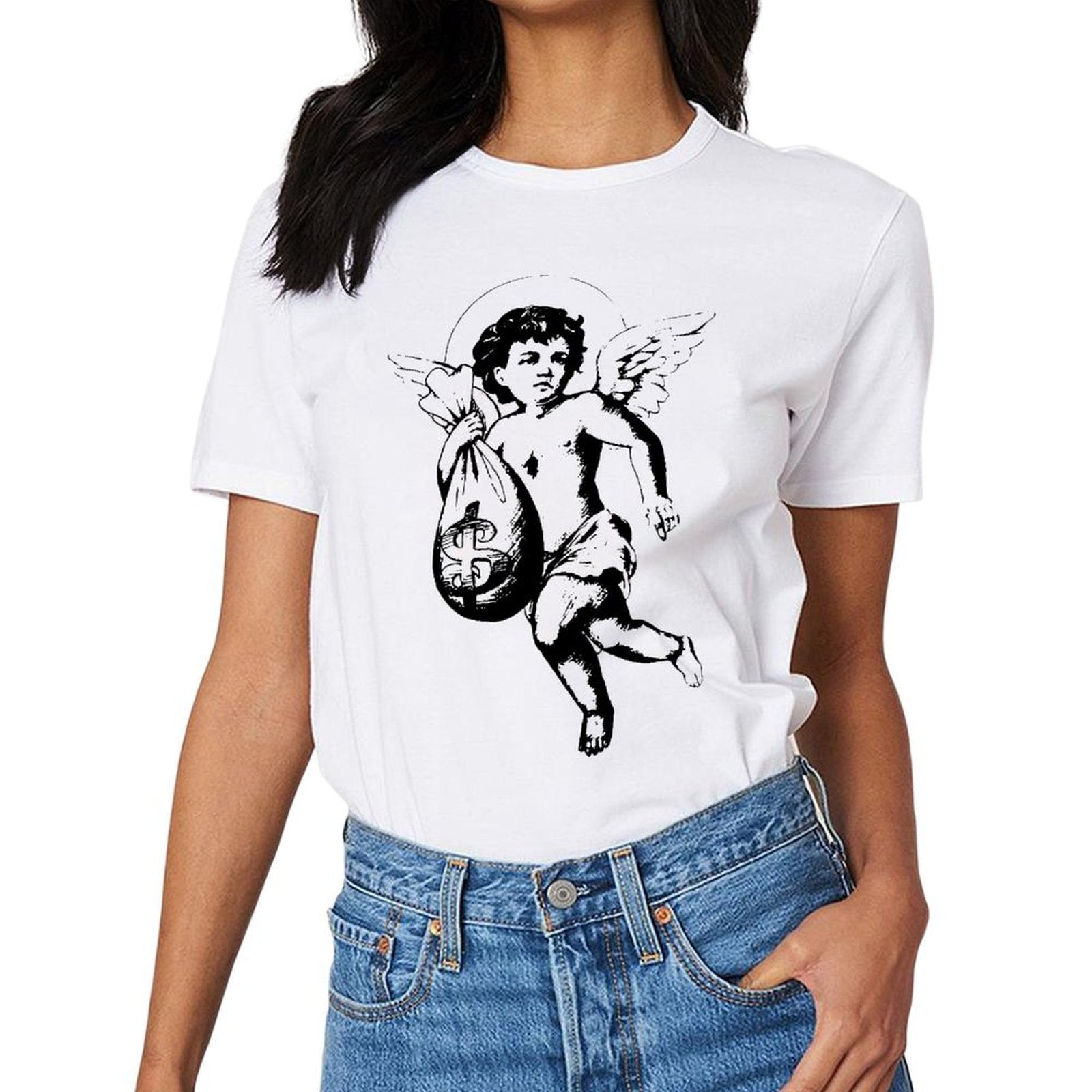 Inkmay Casual  Cotton T-shirt Sugar Skull With Roses And Mustache Unisex T-shirtSeamless Relaxed T-Shirt