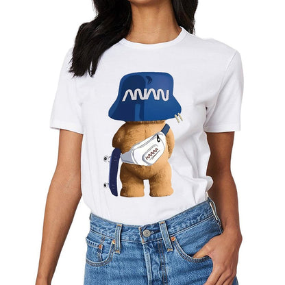 Inkmay Casual Cotton T-shirt Funny Bear Wearing Blue Hat Unisex T-shirtBasicSeries TimelessStyle T-Shirt