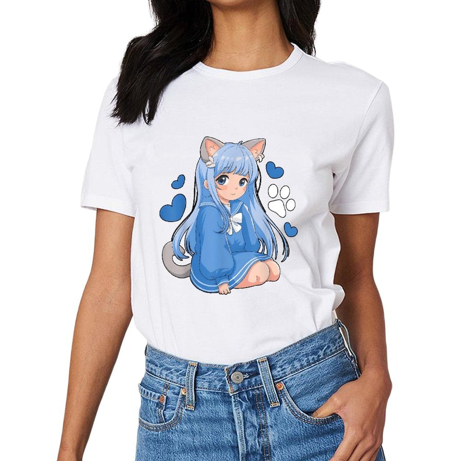 Inkmay Casual Cotton T-shirt Blue Cat Girl With Hearts Unisex T-shirtEdition EverydaySeries T-Shirt